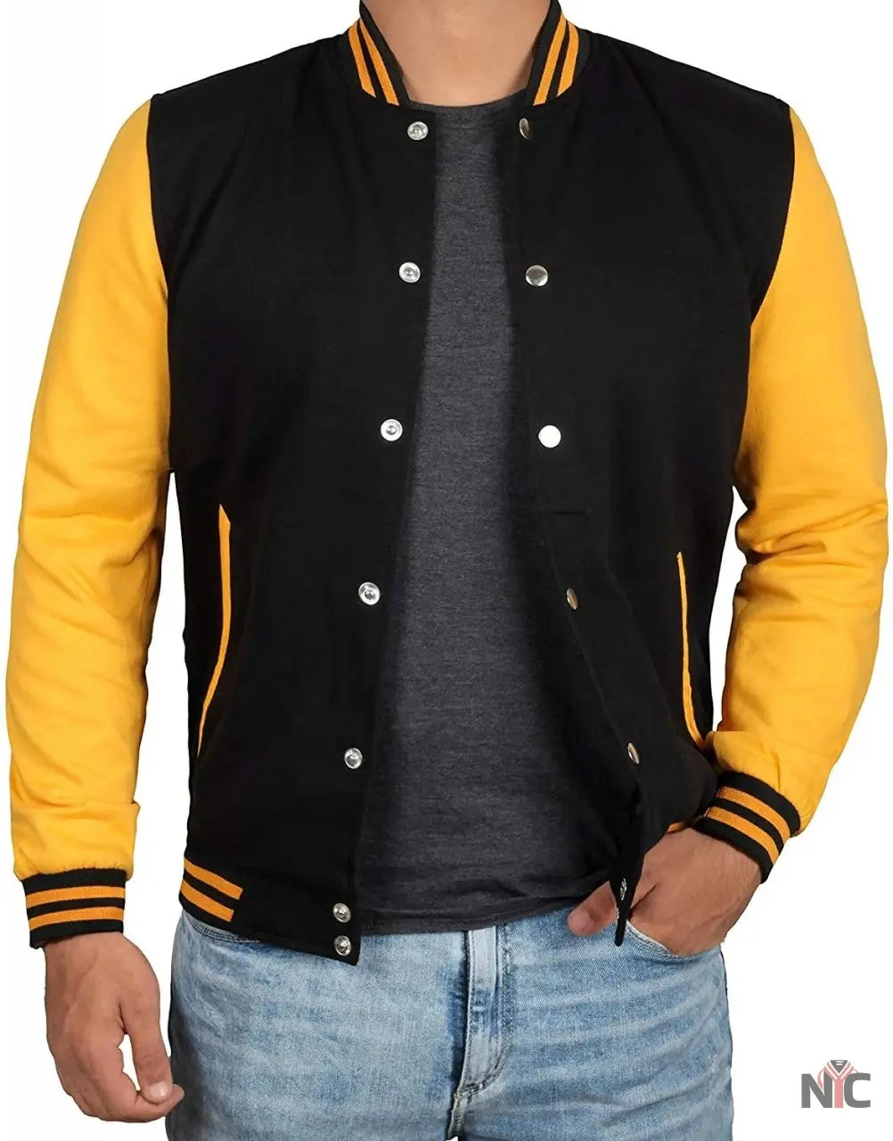 Men's Black and Yellow Varsity Bomber Jacket - Baseball Letterman Style Clanton Jacket