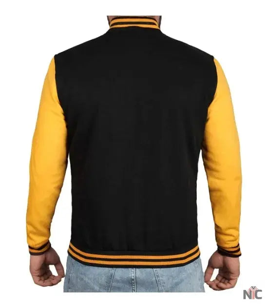 Men's Black and Yellow Varsity Bomber Jacket - Baseball Letterman Style Clanton Jacket
