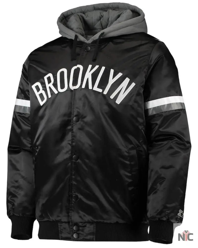 Men’s Brooklyn Nets Starter Black/Gray NBA 75th Anniversary Full-Snap Varsity Hoodie Jacket Clanton Jacket