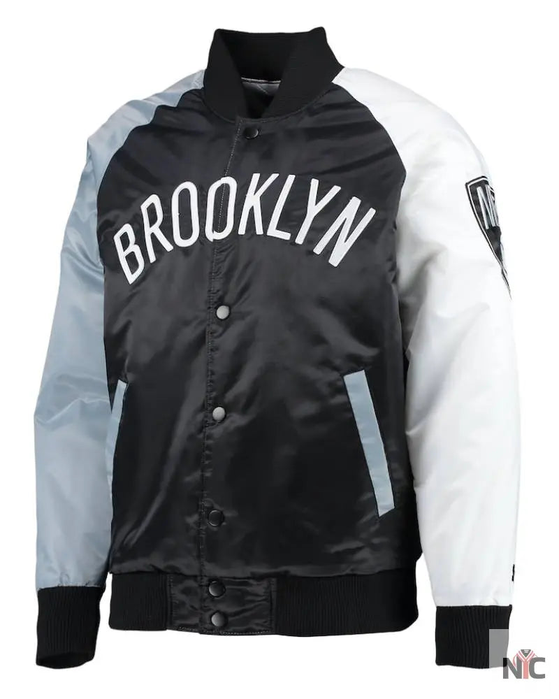 Men’s Brooklyn Nets Starter Black/Gray/White Tricolor Remix Raglan Full-Snap Jacket Clanton Jacket