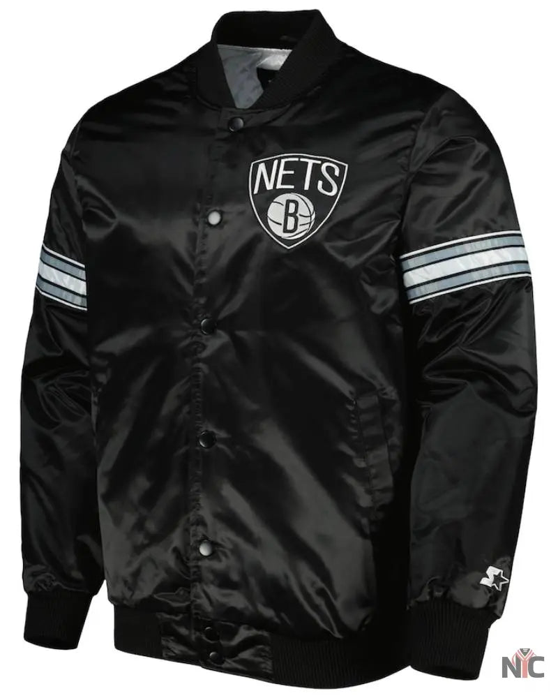 Men’s Brooklyn Nets Starter Black Pick & Roll Satin Full-Snap Varsity Jacket Clanton Jacket