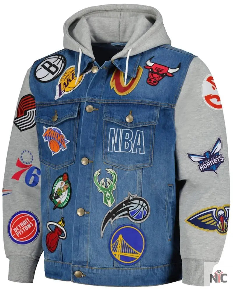 Men’s FISLL Blue/Gray NBA All Teams Full-Button Hoodie Denim Jacket Clanton Jacket