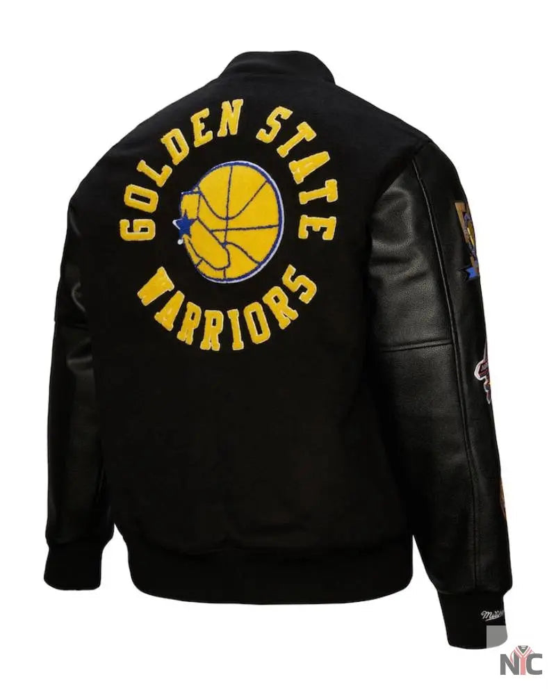 Men’s Golden State Warriors Mitchell & Ness Black Hardwood Classics Blackout Collection Full-Snap Varsity Jacket Clanton Jacket