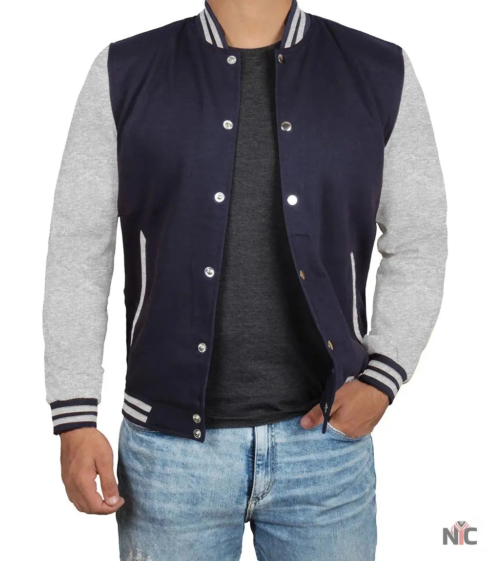 Men's Grey and Blue Varsity Jacket - Bomber Letterman Style Clanton Jacket