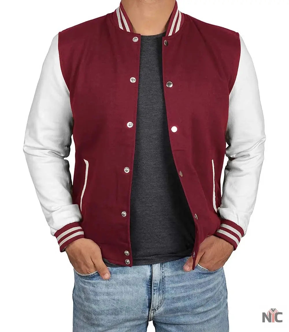 Men's Maroon and White Varsity Jacket - Letterman Bomber Style Clanton Jacket