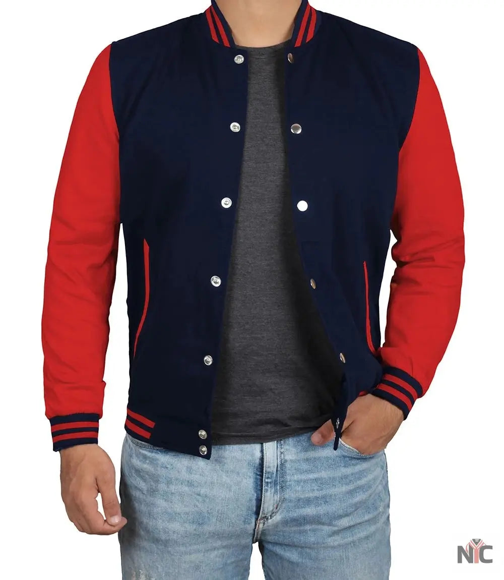 Men's Red and Navy Blue Varsity Jacket - Baseball Bomber Style Clanton Jacket