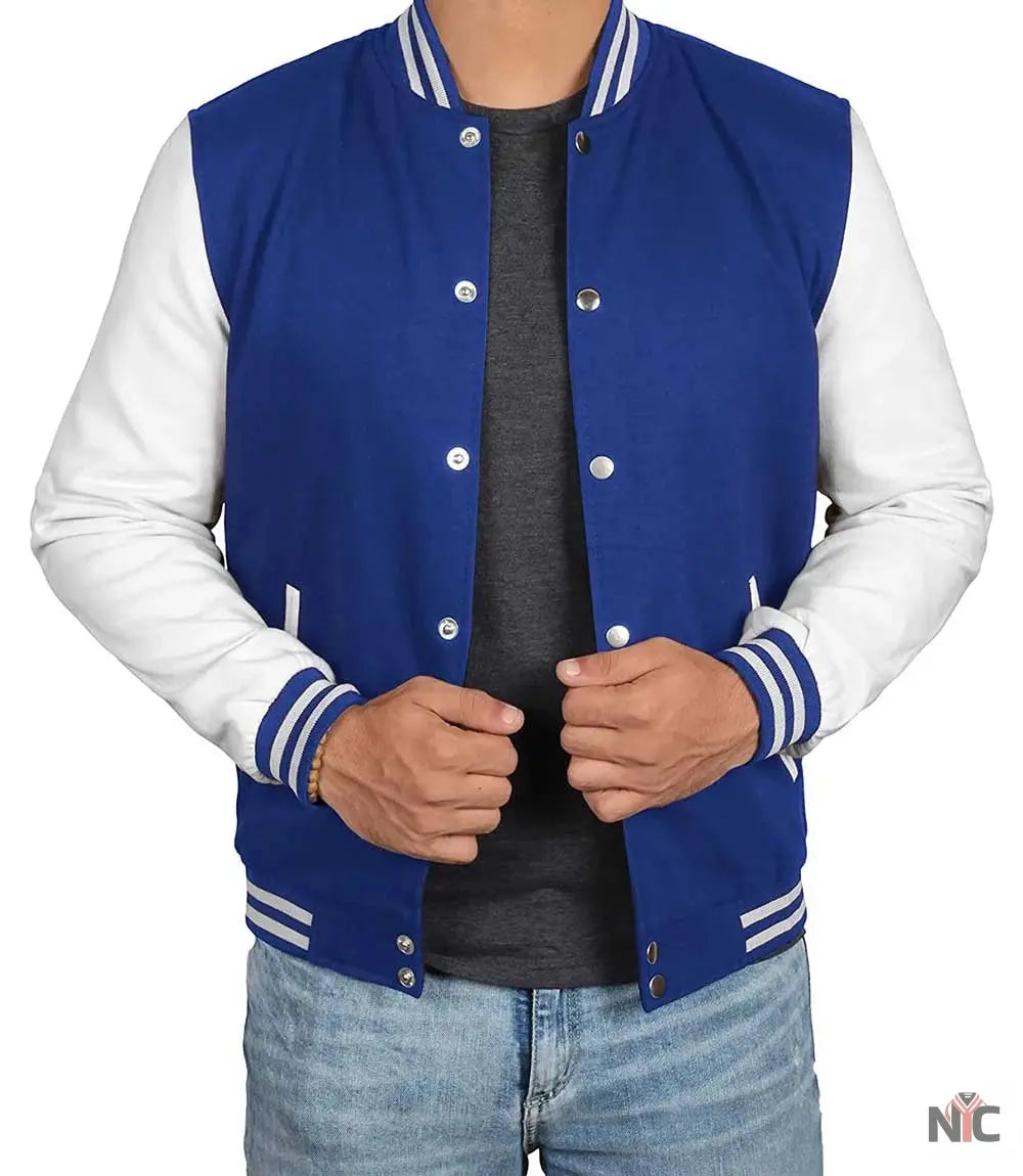 Men's Royal Blue & White Varsity Jacket - Classic Baseball Bomber Style Clanton Jacket