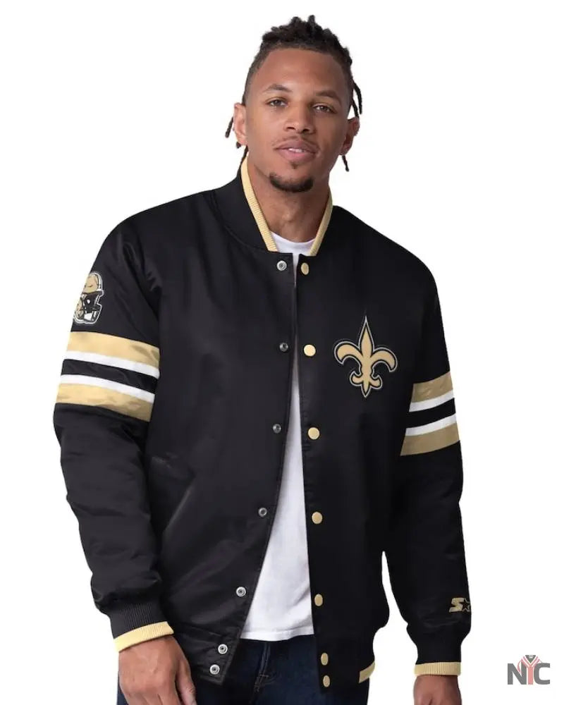 Men’s Starter Black New Orleans Saints Scout Full-Snap Varsity Jacket Clanton Jacket