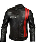 Men’s Black Classic Motorcycle Red Stripes Leather Jacket Shopotiny