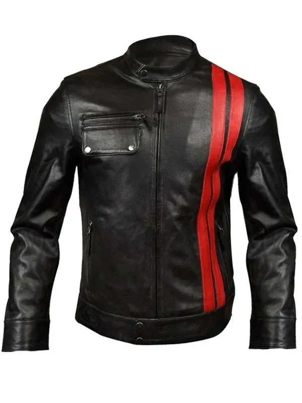 Men’s Black Classic Motorcycle Red Stripes Leather Jacket Shopotiny