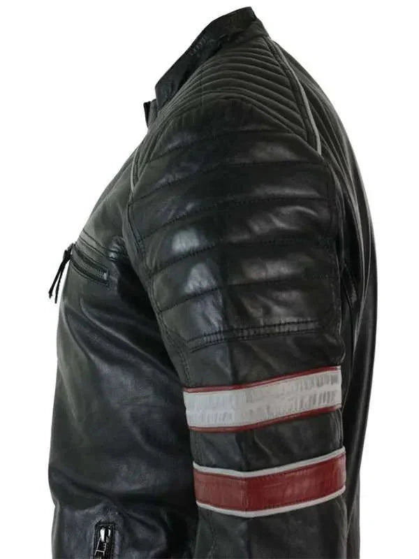 Men’s Black Red & White Stripes Moto Leather Jacket Shopotiny