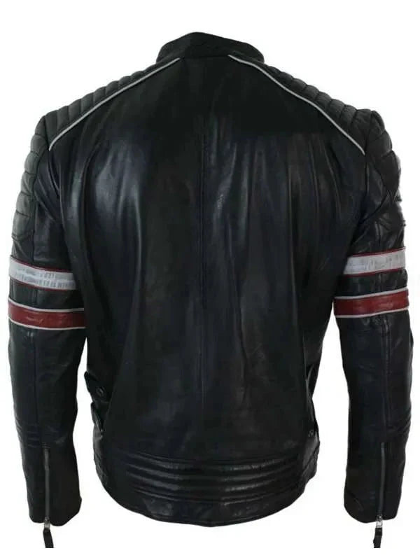 Men’s Black Red & White Stripes Moto Leather Jacket Shopotiny