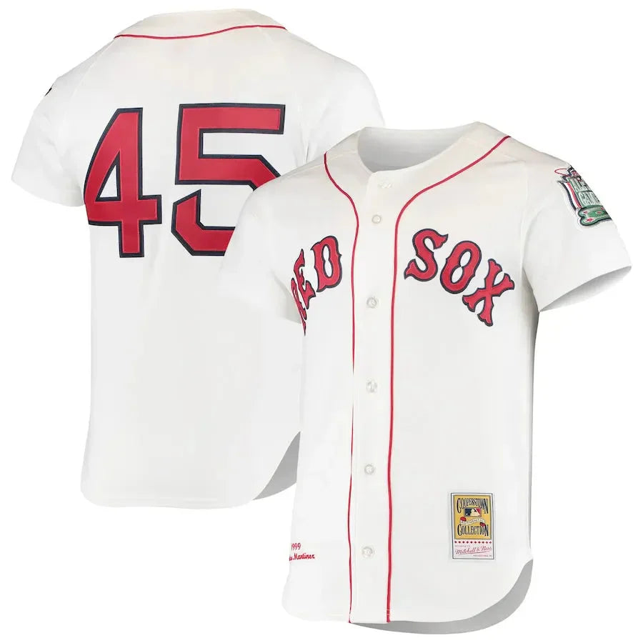 Men's Boston Red Sox Pedro Martinez Mitchell & Ness White 1999 Cooperstown Collection Home Authentic Jersey Kansas Jacket