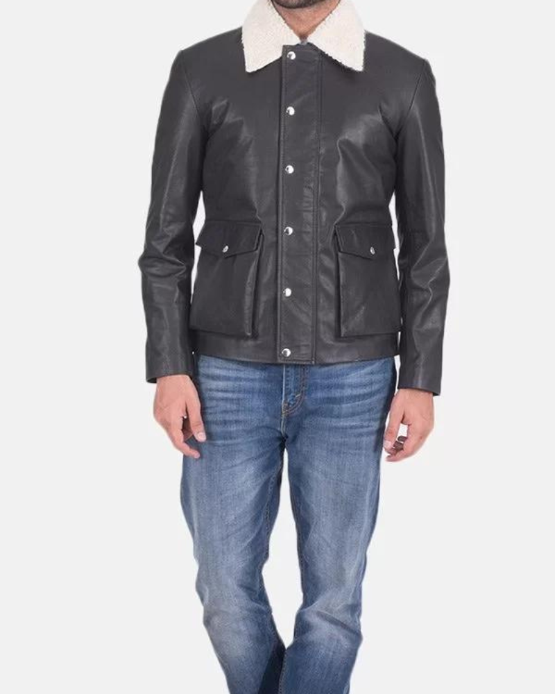 Men’s Flap Pockets Black Leather Jacket Clanton Jacket