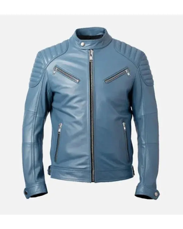 Men’s Light Blue Café Racer Leather Jacket WorthVee