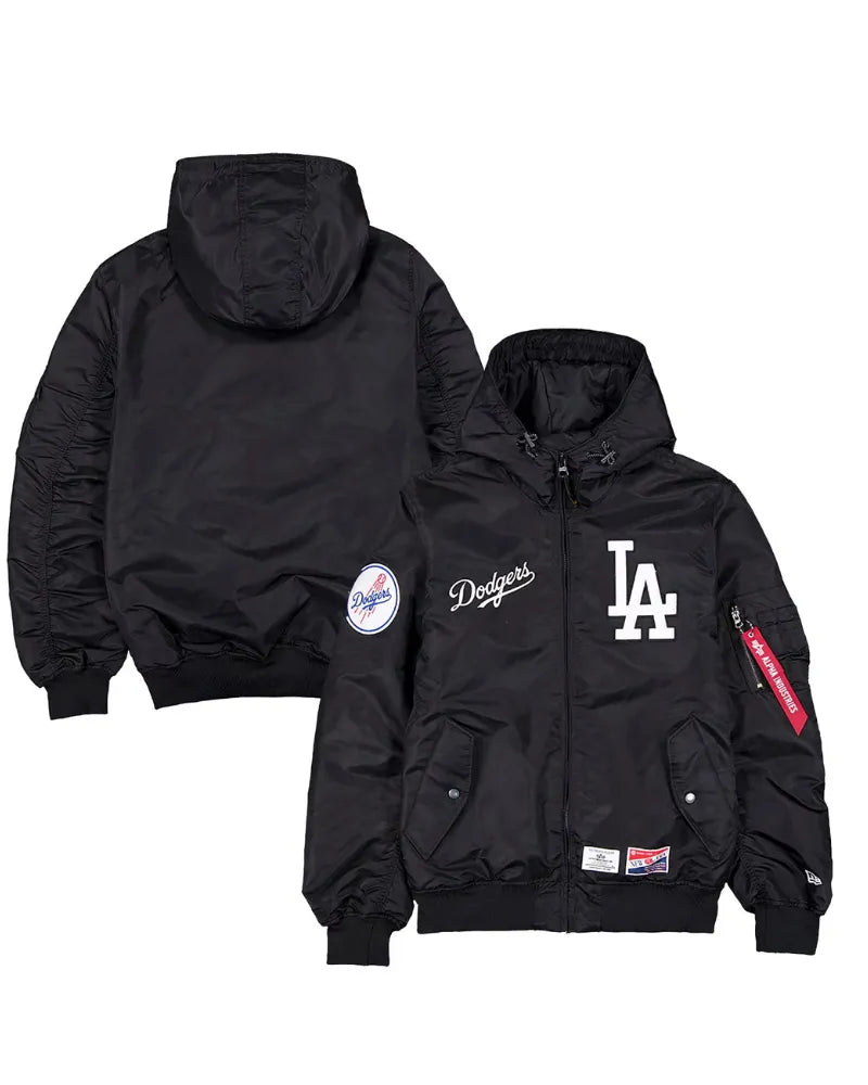 Men’s Los Angeles Dodgers New Era x Alpha Industries Black Current Day Full-Zip Hooded Nylon Bomber Jacket