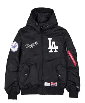 Men’s Los Angeles Dodgers New Era x Alpha Industries Black Current Day Full-Zip Hooded Nylon Bomber Jacket