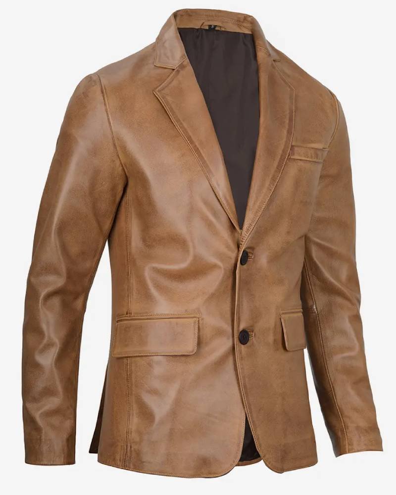 Mens Two Button Camel Brown Leather Blazer Clanton Jacket