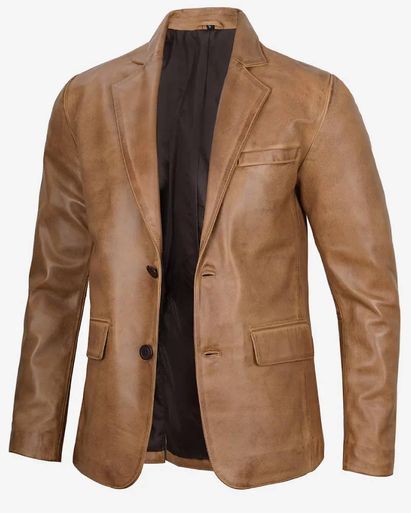 Mens Two Button Camel Brown Leather Blazer Clanton Jacket