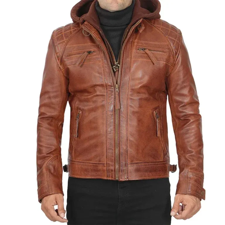 Mens Tan Hooded Leather Jacket