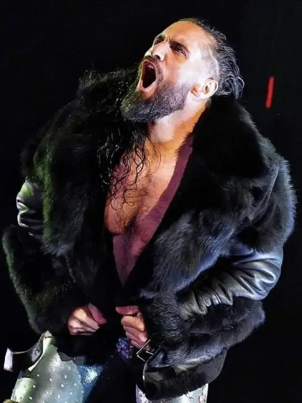 Men’s Monday Night RAW Black Leather Fur Jacket USA Jackets