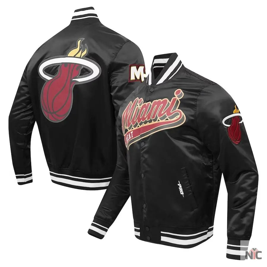Miami Heat Script Tail Black Full-snap Satin Varsity Jacket Clanton Jacket