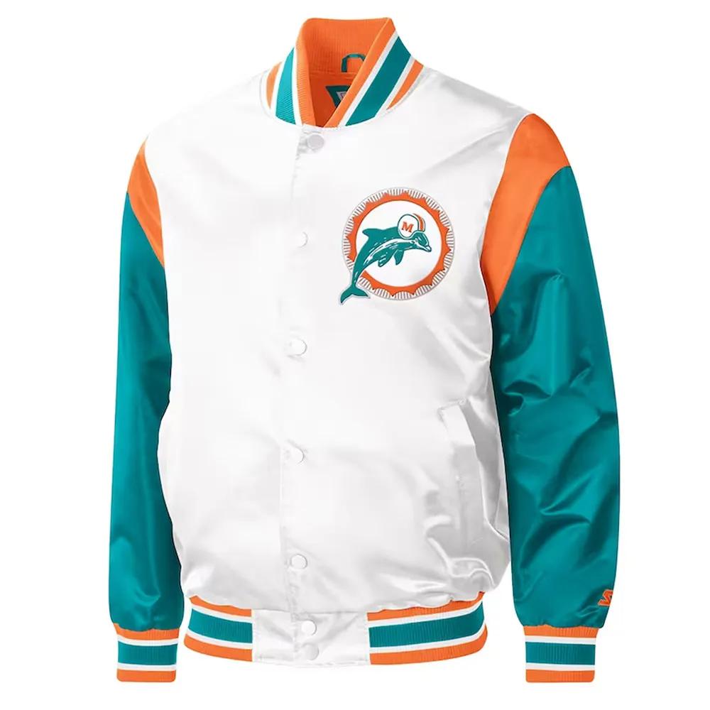 Miami Dolphins Throwback Warm Up Pitch White Satin Jacket WorthVee