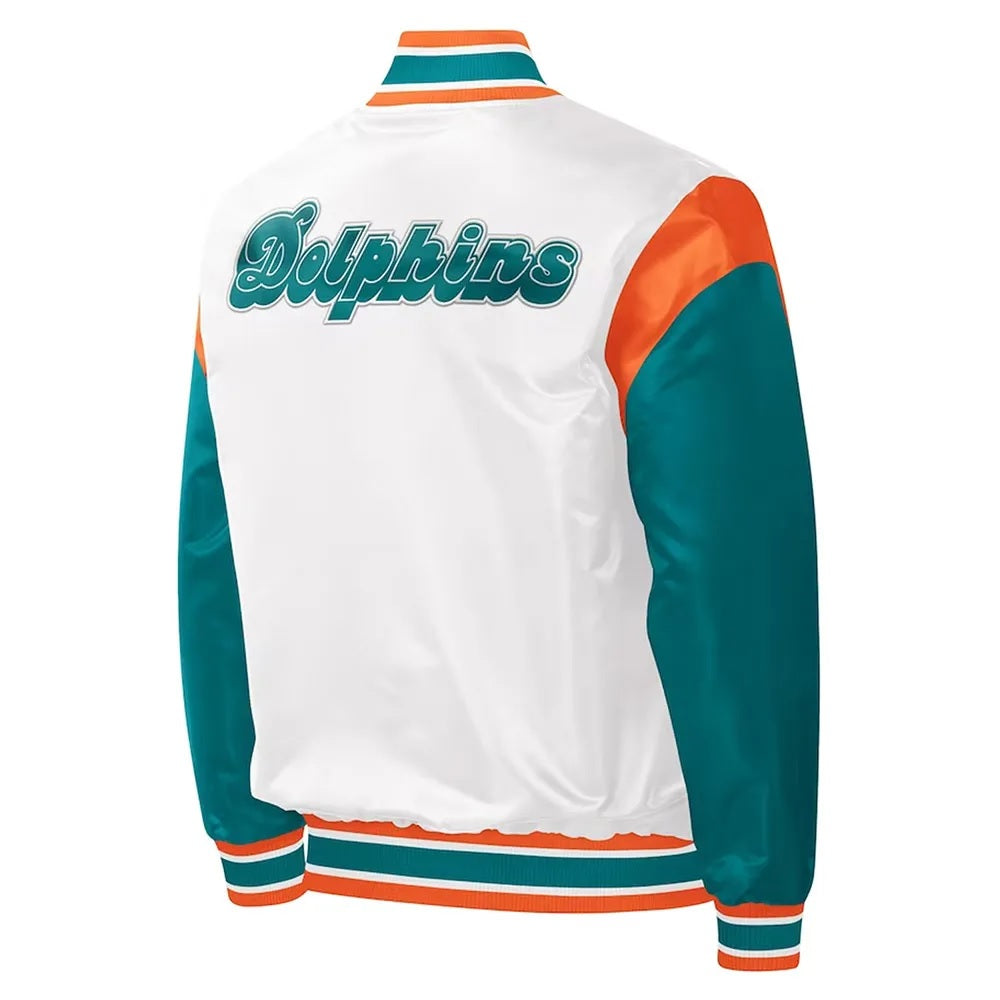 Miami Dolphins Throwback Warm Up Pitch White Satin Jacket WorthVee