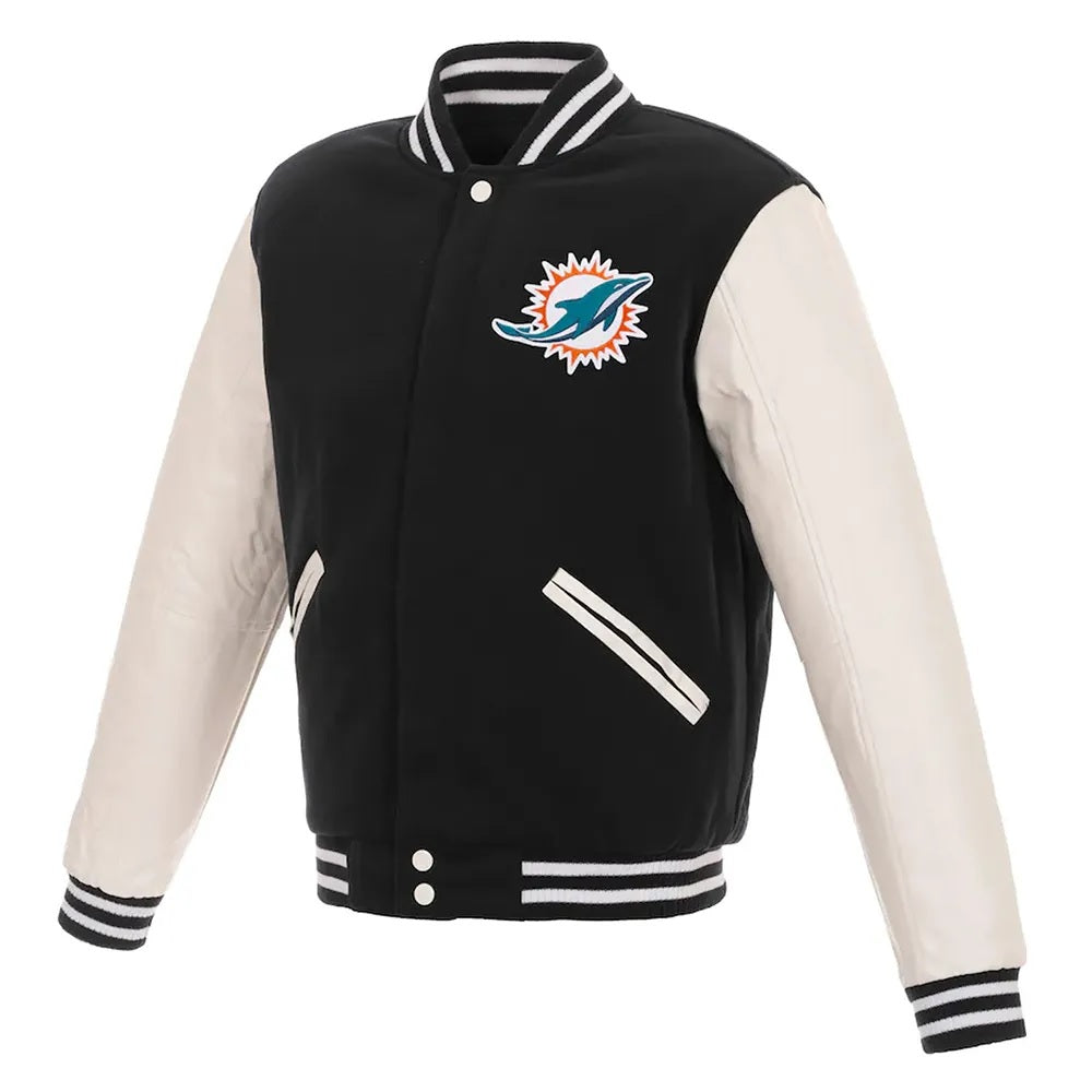 Miami Dolphins Varsity Black and White Jacket WorthVee