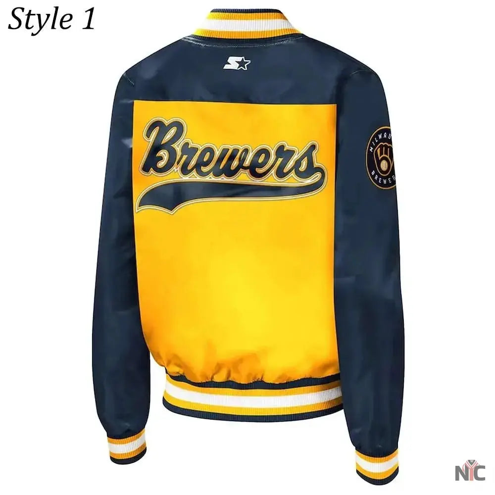 Milwaukee Brewers Gold and Navy Varsity Satin Jacket Clanton Jacket