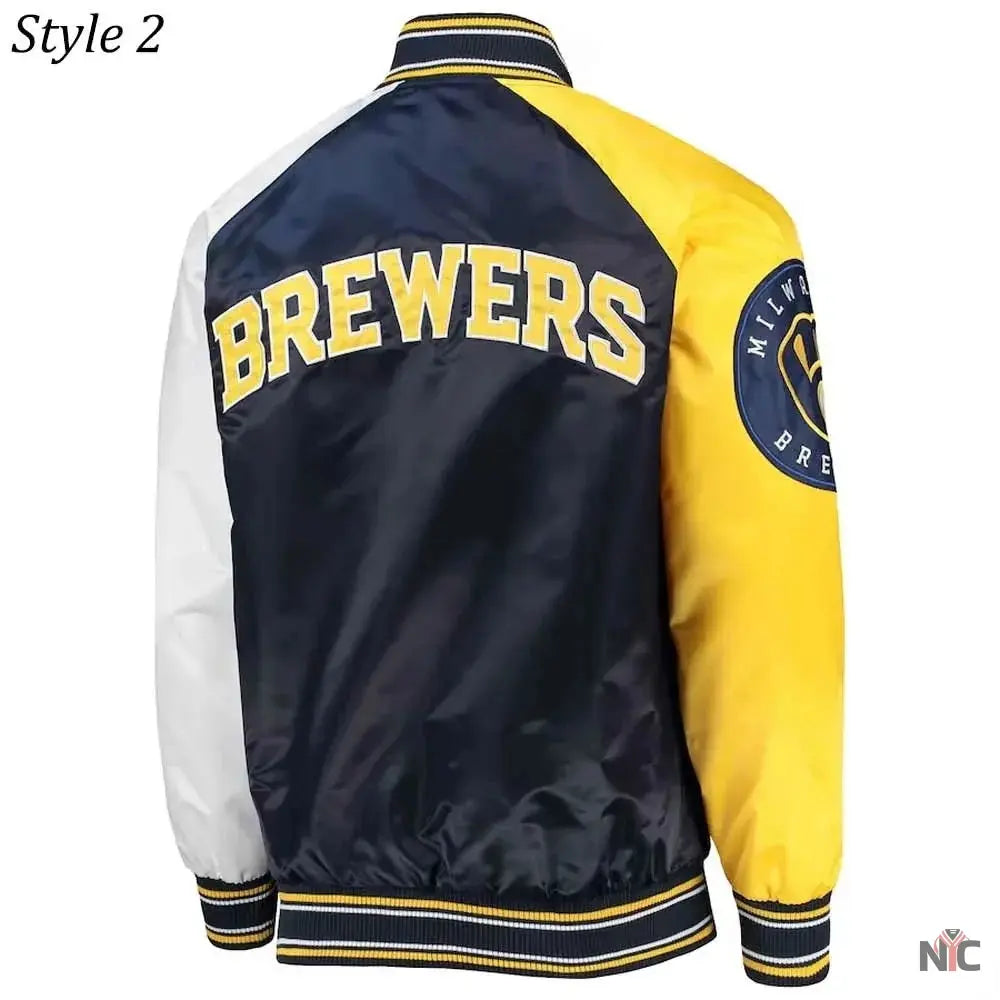 Milwaukee Brewers Gold and Navy Varsity Satin Jacket Clanton Jacket