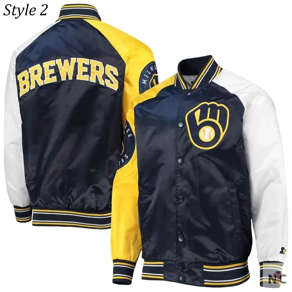 Milwaukee Brewers Gold and Navy Varsity Satin Jacket Clanton Jacket