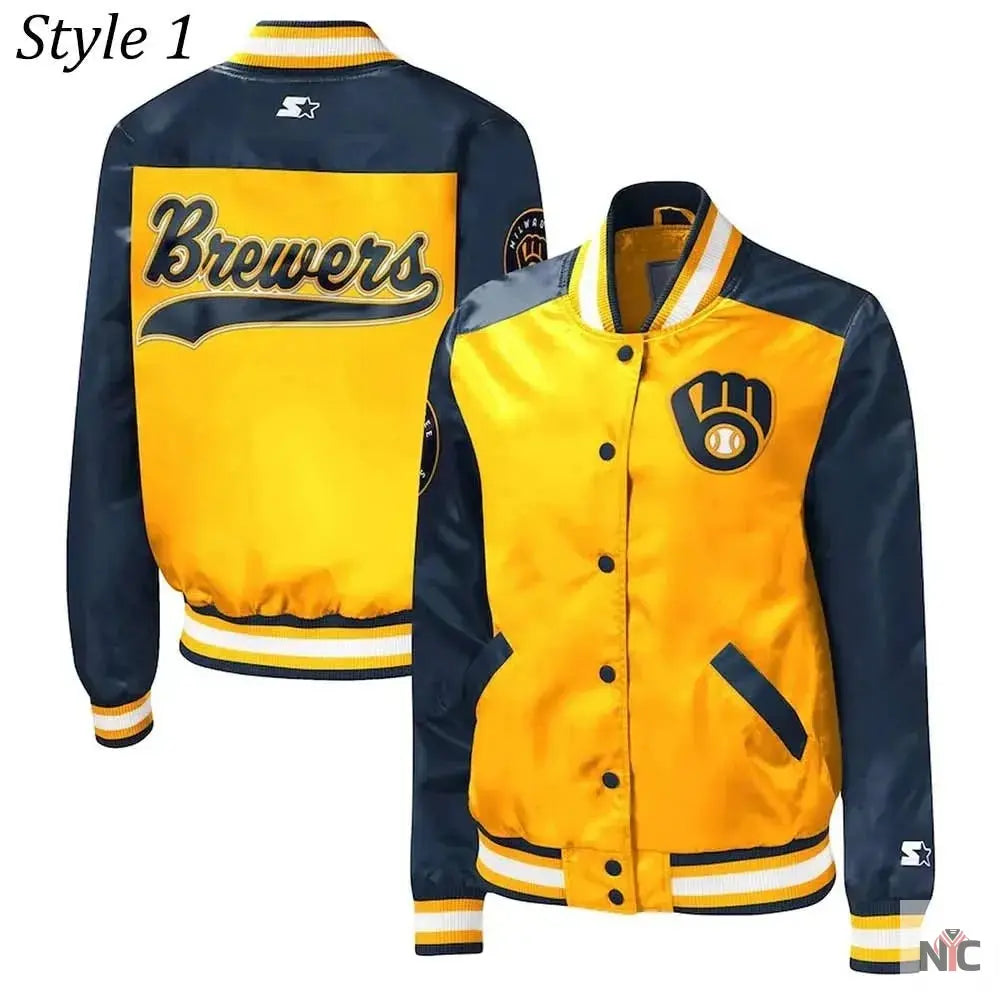 Milwaukee Brewers Gold and Navy Varsity Satin Jacket Clanton Jacket