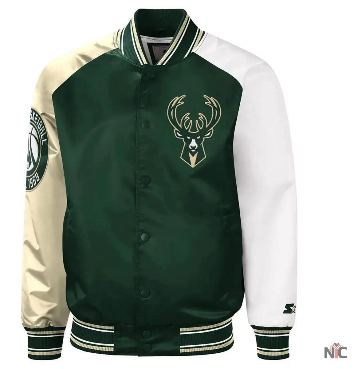 Milwaukee Bucks Hunter Green and Cream Varsity Satin Jacket Clanton Jacket