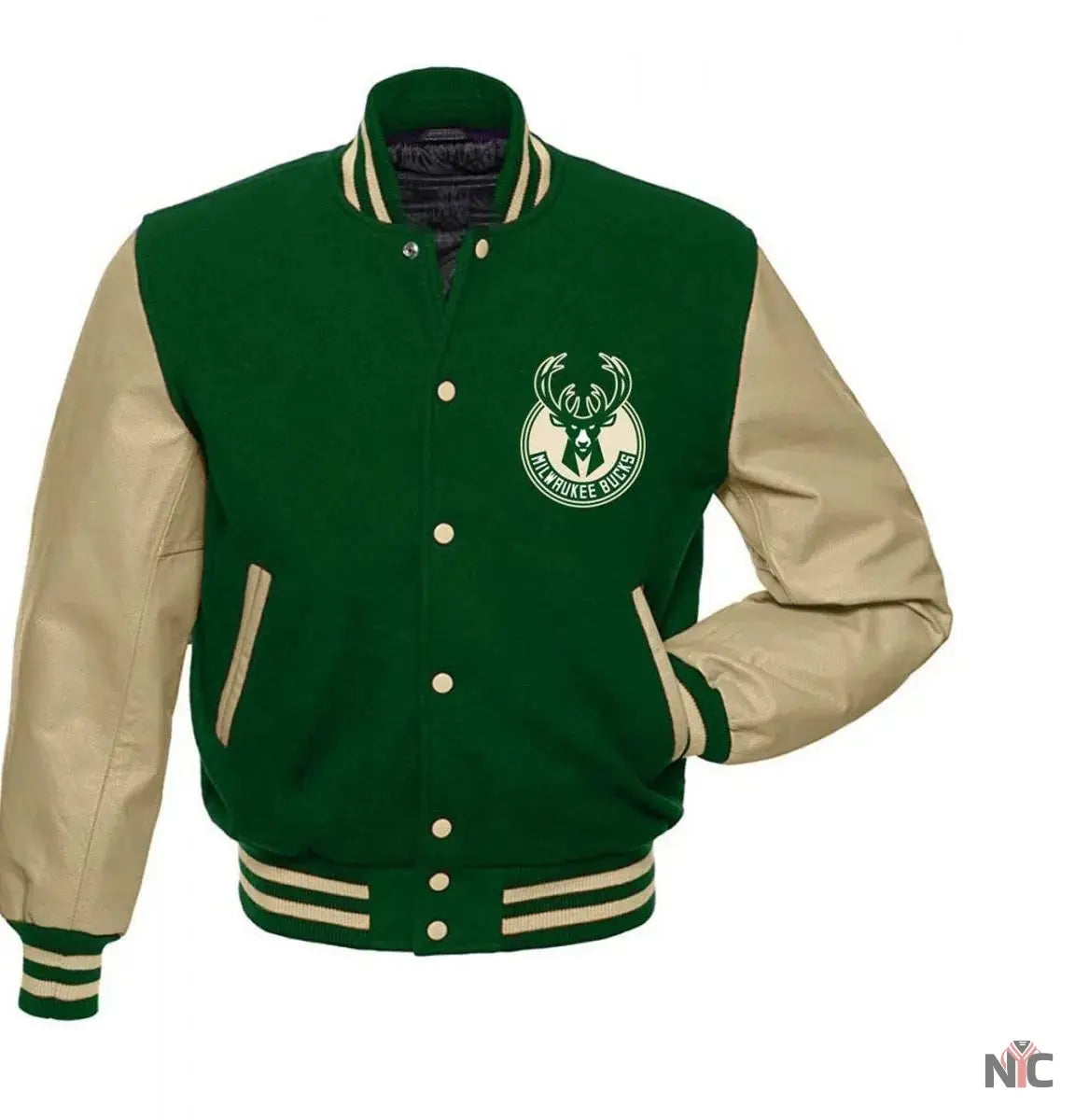 Milwaukee Bucks Letterman Beige and Green Jacket Clanton Jacket