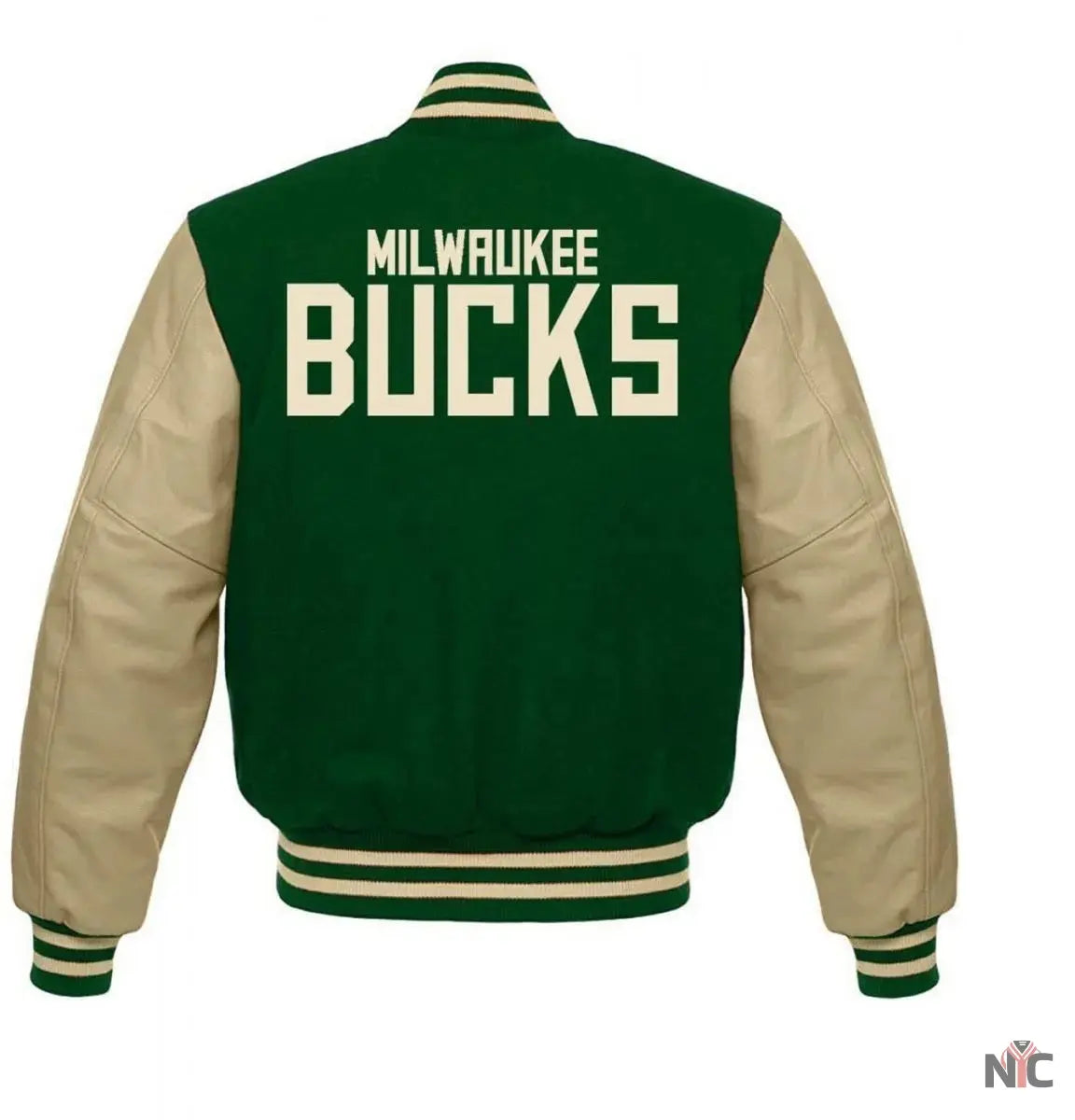 Milwaukee Bucks Letterman Beige and Green Jacket Clanton Jacket