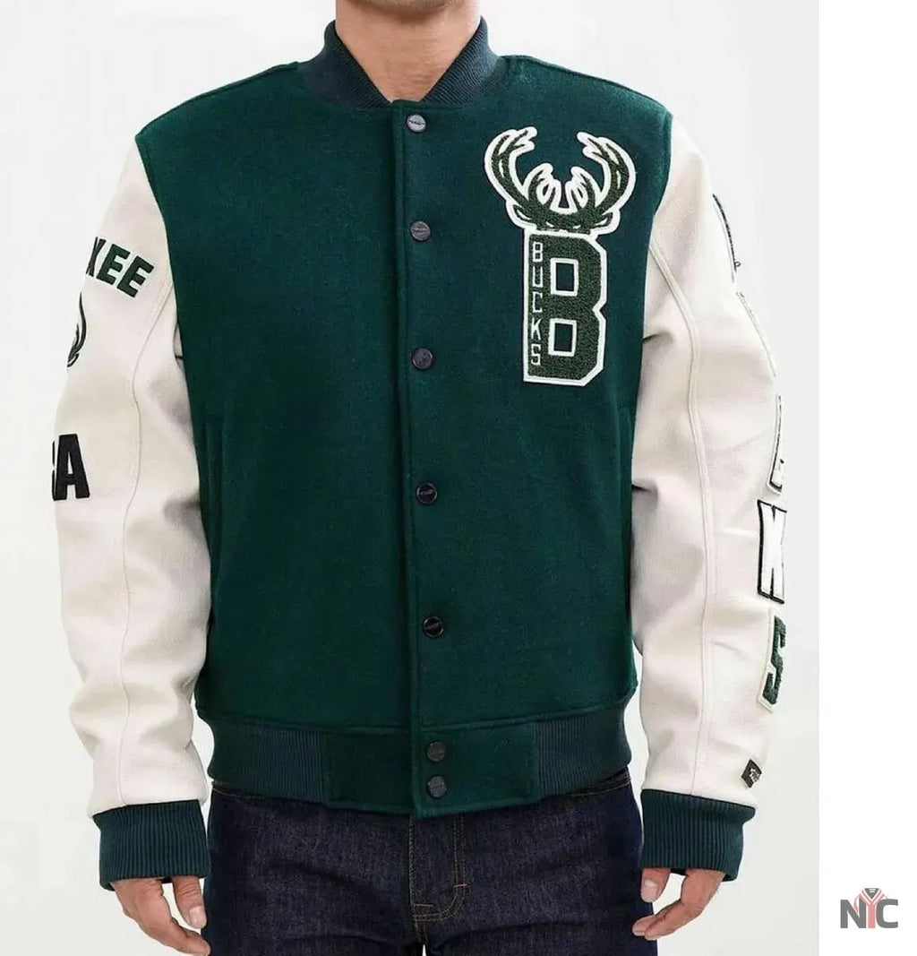 Milwaukee Bucks Letterman Green and White Jacket Clanton Jacket