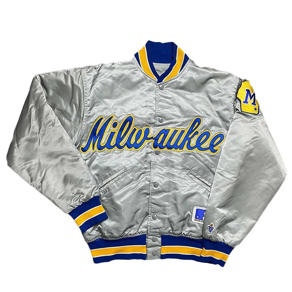 Milwaukee Brewers Grey Varsity Satin Jacket WorthVee