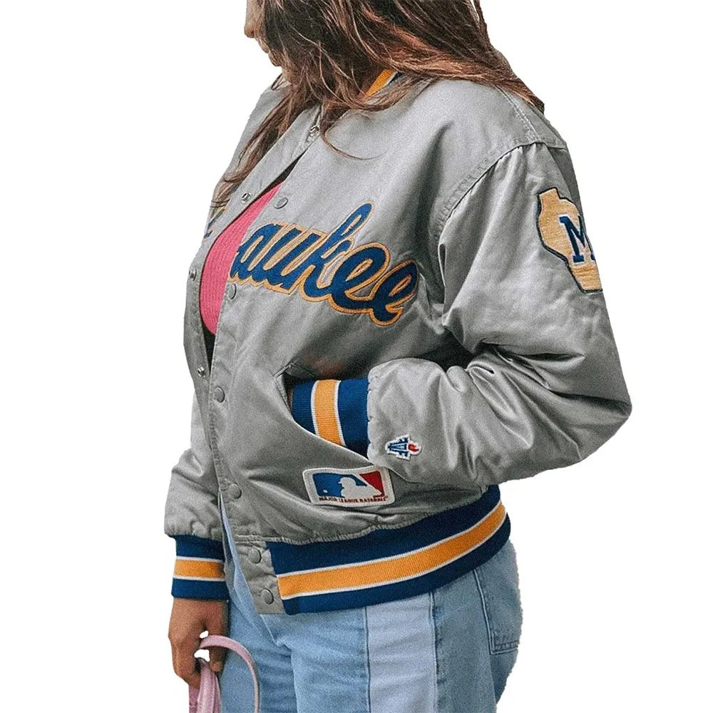 Milwaukee Brewers Grey Varsity Satin Jacket WorthVee