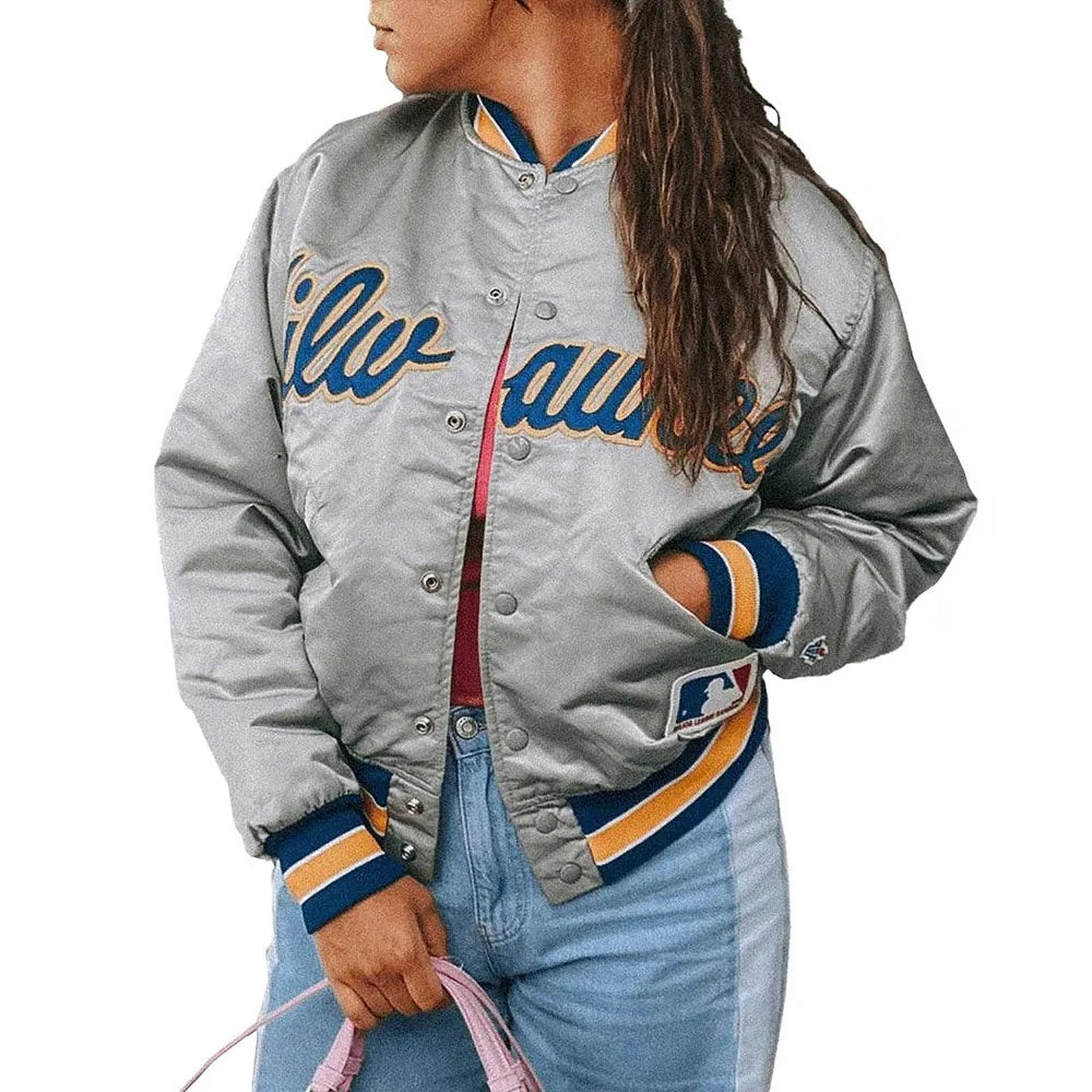 Milwaukee Brewers Grey Varsity Satin Jacket WorthVee