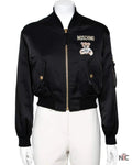 Moschino Couture Black Teddy Print Synthetic Cropped Bomber Jacket Clanton Jacket