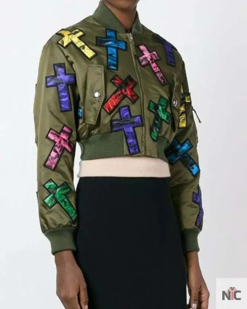 Moschino Couture Jeremy Scott Allover Colorful Cross Patch Cropped Bomber Jacket Clanton Jacket