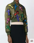 Moschino Couture Jeremy Scott Allover Colorful Cross Patch Cropped Bomber Jacket Clanton Jacket