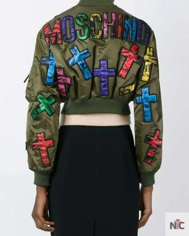 Moschino Couture Jeremy Scott Allover Colorful Cross Patch Cropped Bomber Jacket Clanton Jacket