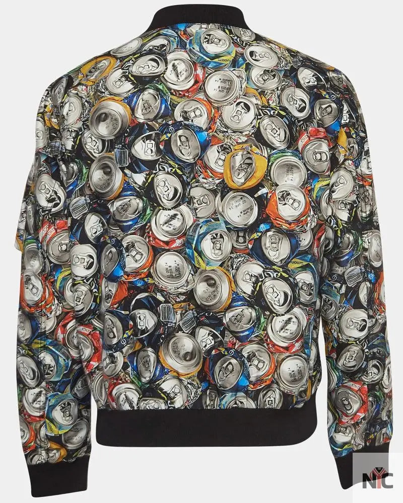 Moschino Couture Multicolor Beverage Cans Print Nylon Bomber Jacket Clanton Jacket