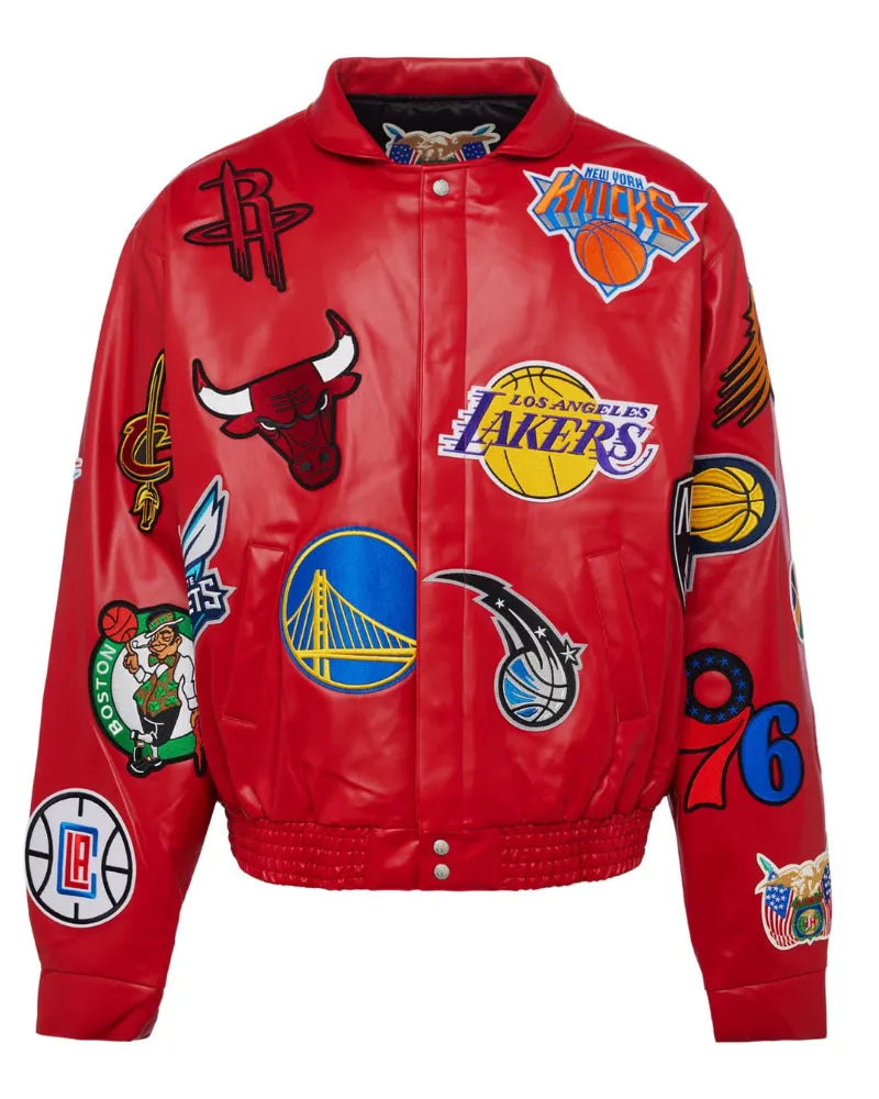 NBA Collage Vegan Leather Jacket Red