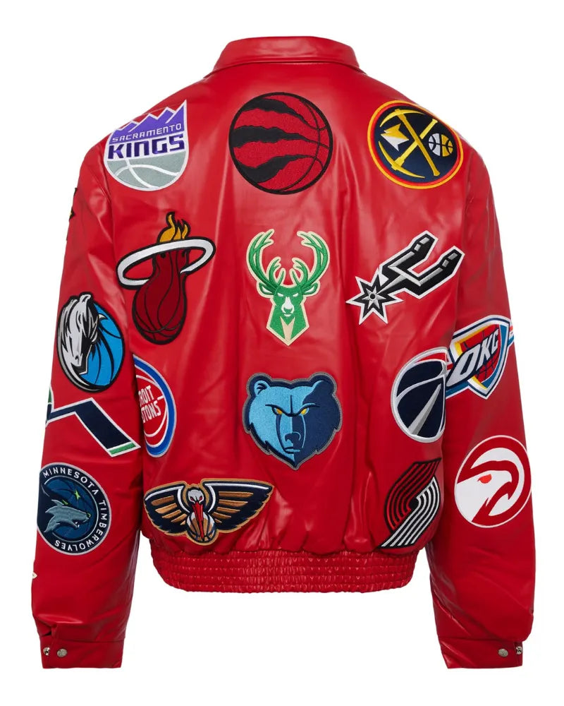 NBA Collage Vegan Leather Jacket Red