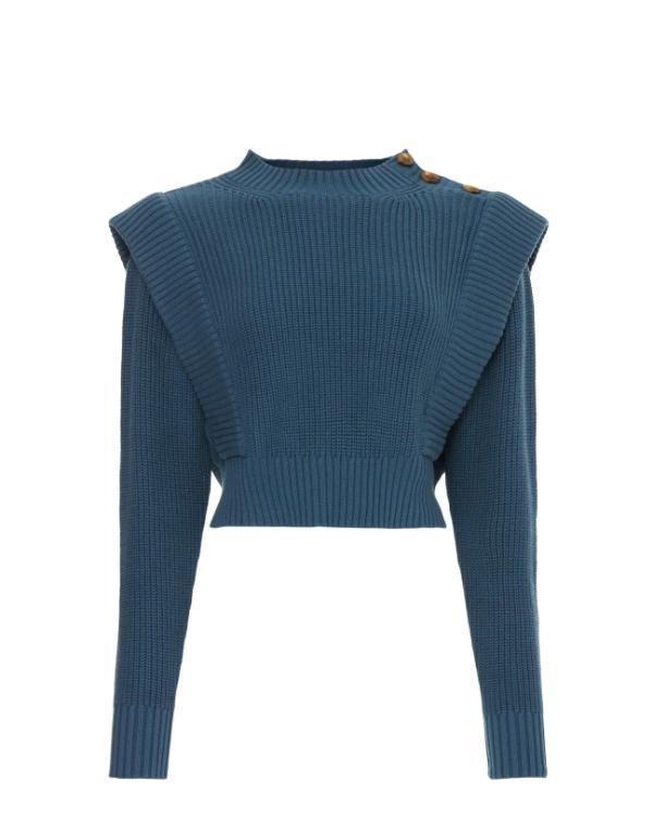 NBC News Daily 2025 Kate Snow Blue Button Shoulder Sweater