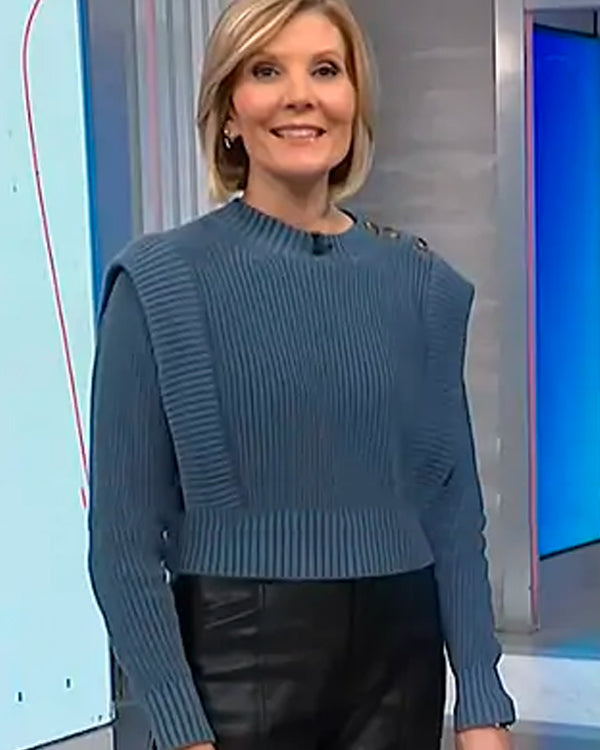 NBC News Daily 2025 Kate Snow Blue Button Shoulder Sweater