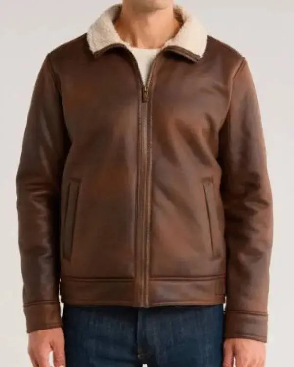 NCIS S23 Adam Ferrara Brown Leather Jacket with Sherpa Collar WorthVee